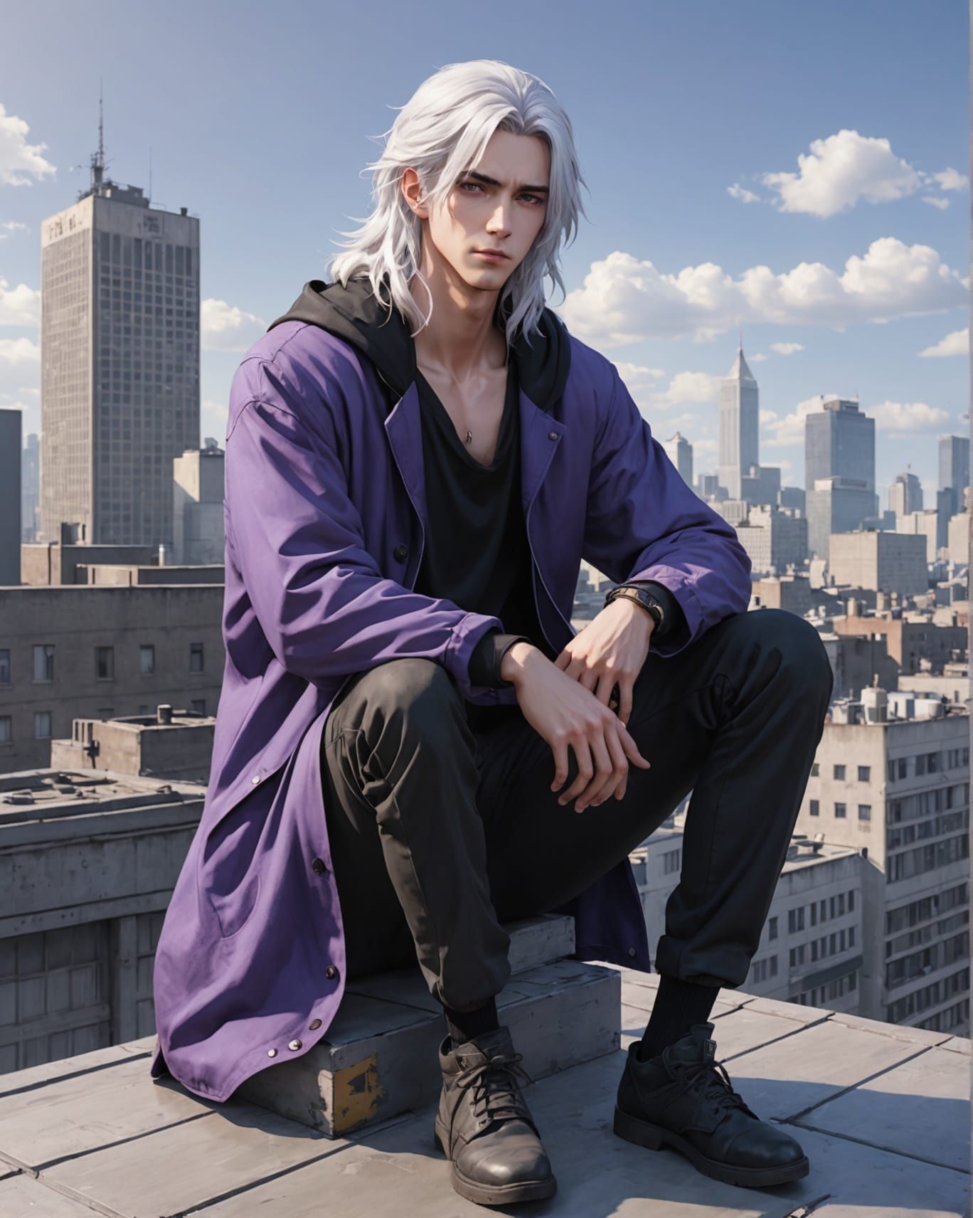 White-Haired Man on Rooftop in Anime Style