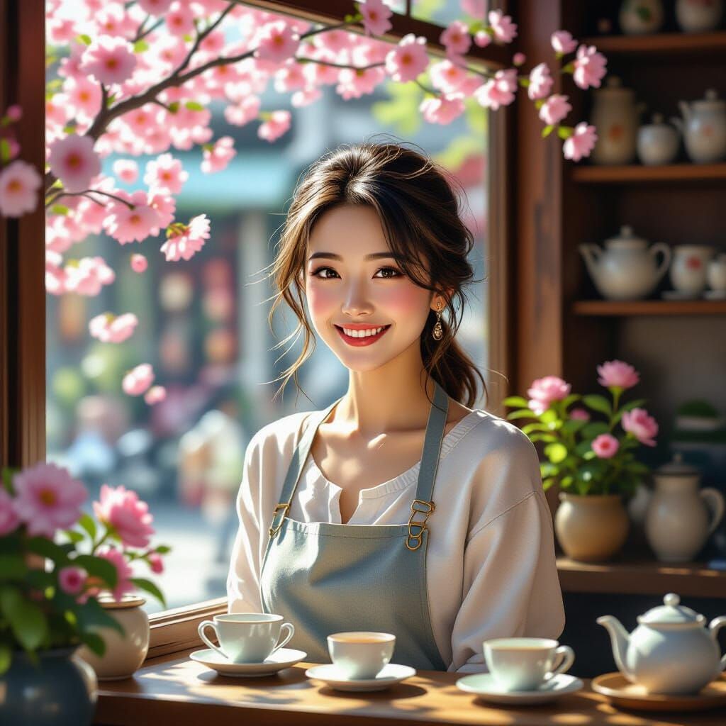 Asian Woman in Tea Shop Window, Hyperrealistic Style