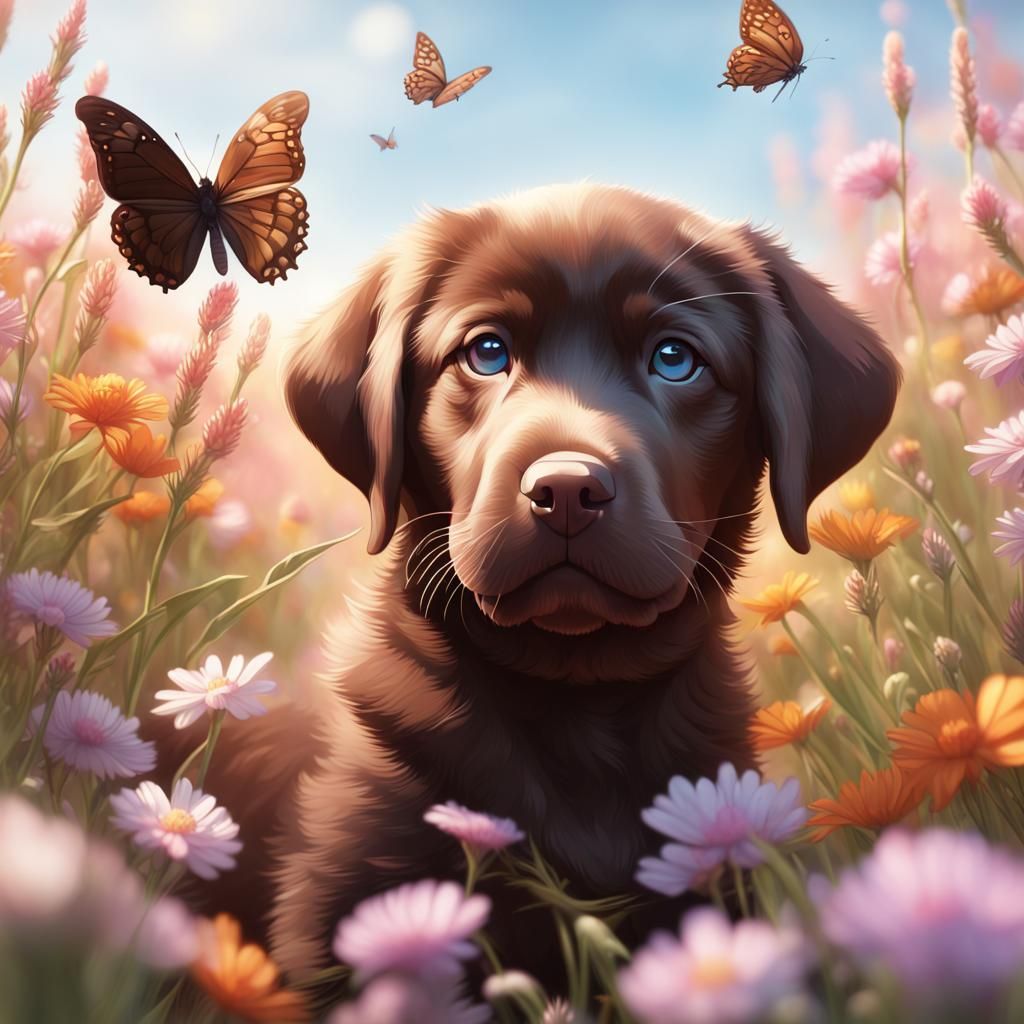 Chocolate Lab Puppy in Flower Field: Artstation Style