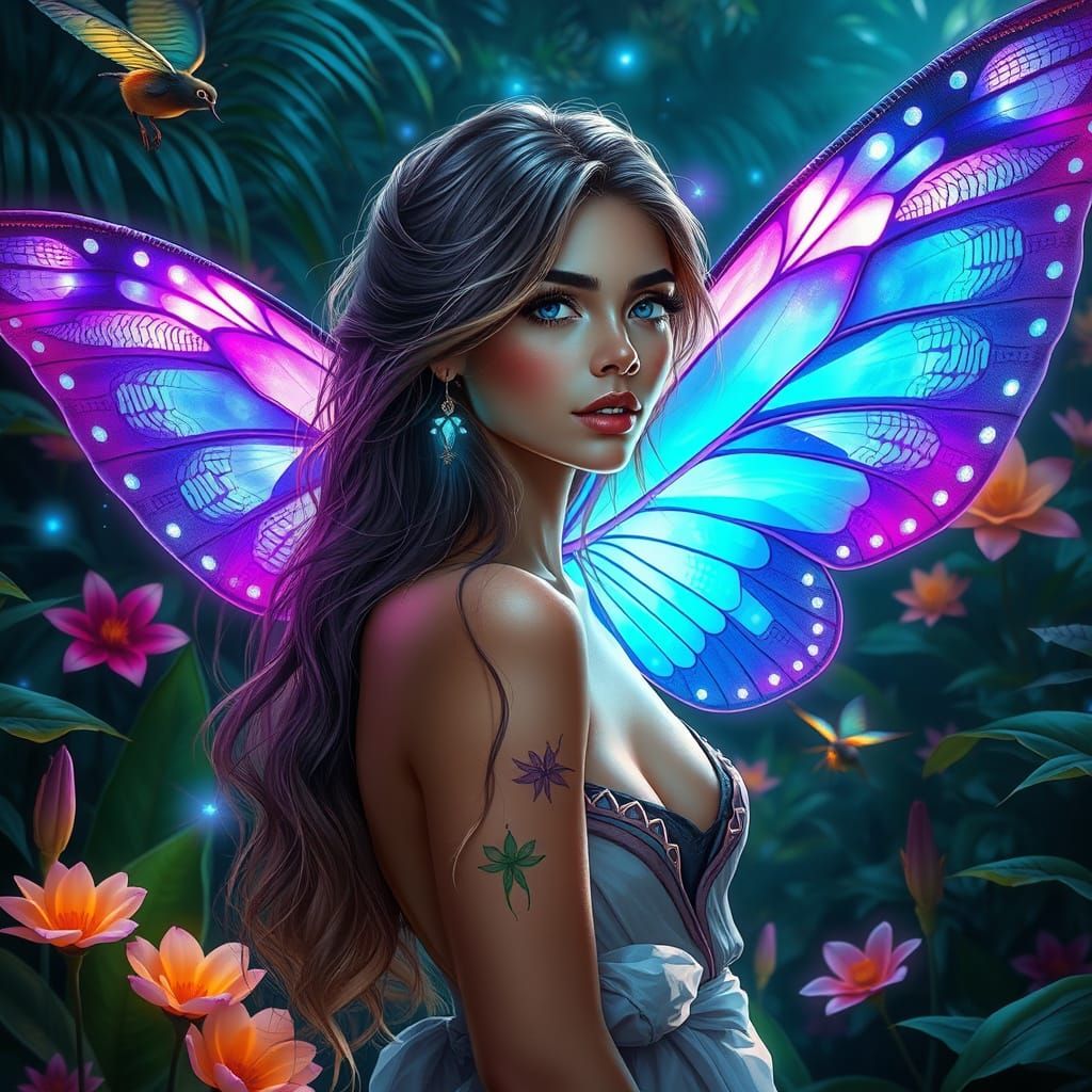 Ethereal Woman with Butterfly Wings in Lush Garden