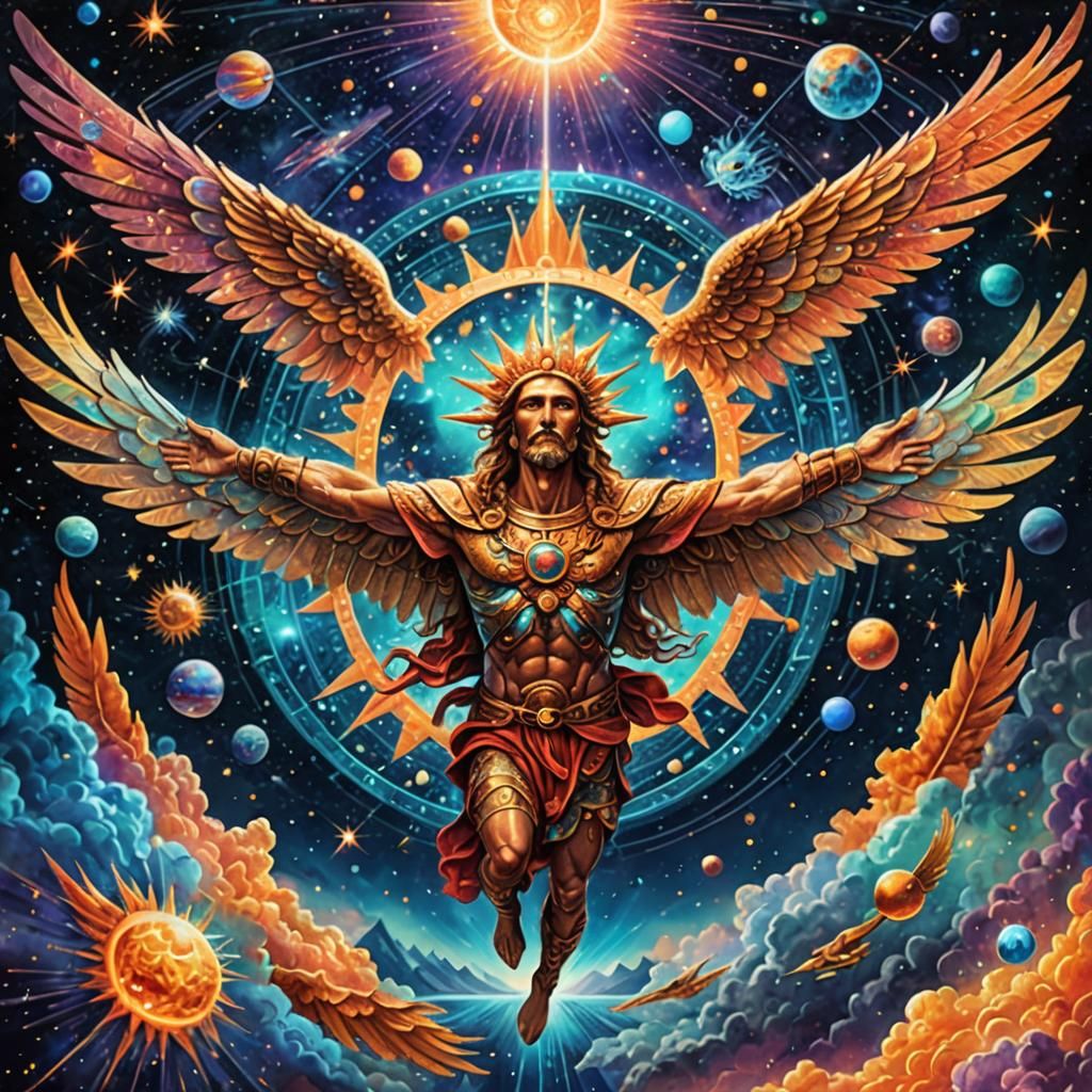 Icarus Flight: Holographic Cosmic Mixed Media Illustration