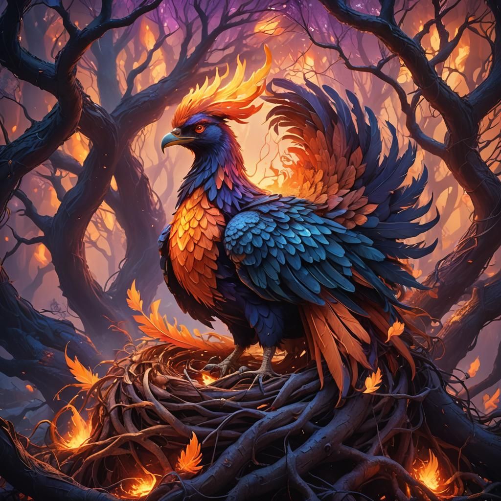 Fiery Phoenix in Mystical Forest Concept Art