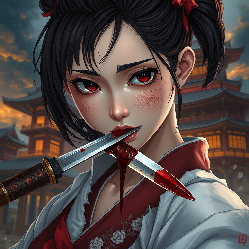 Anime Girl with Knife: Japanese Temple Concept Art