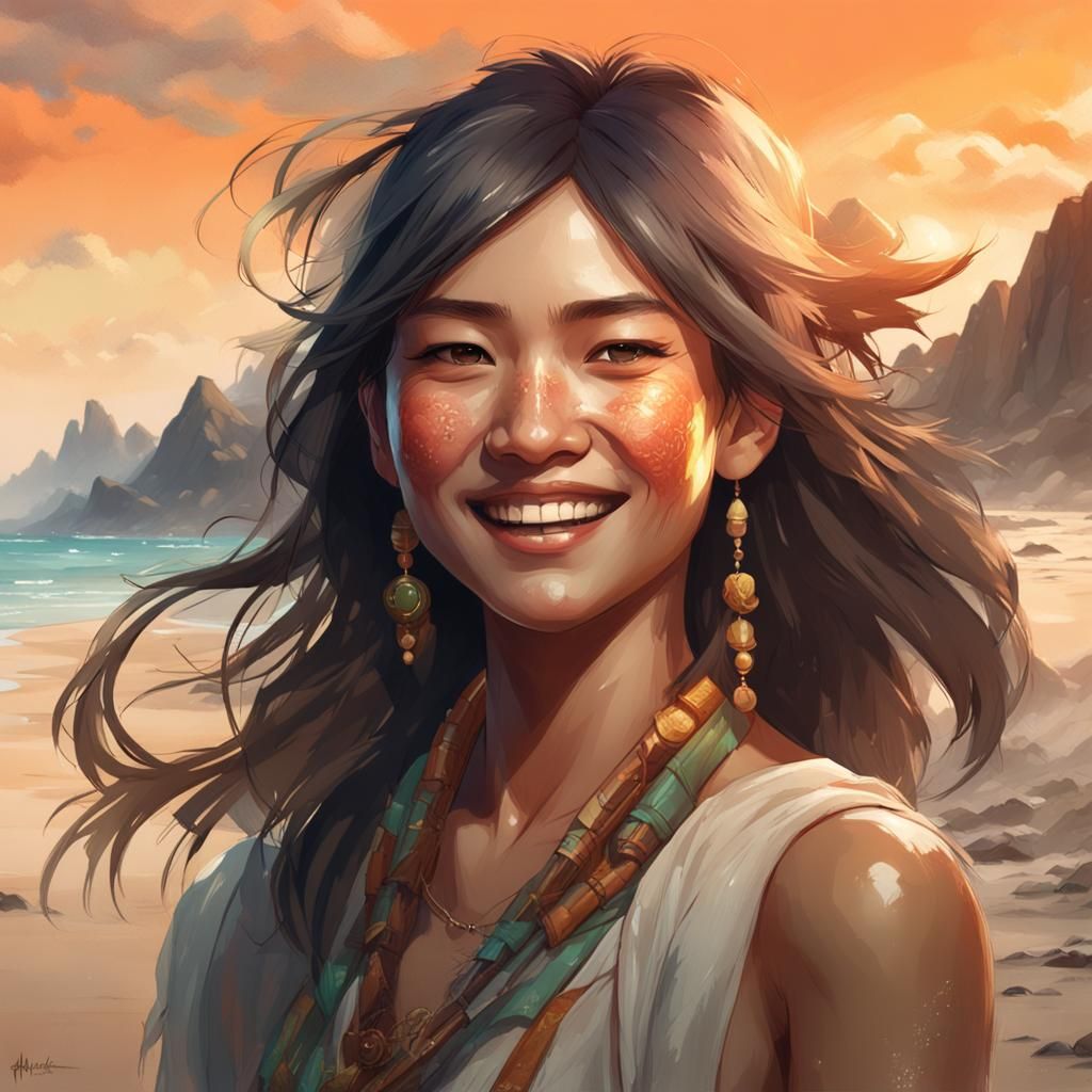 Smiling Asian Woman on Beach, Hyperrealistic Portrait