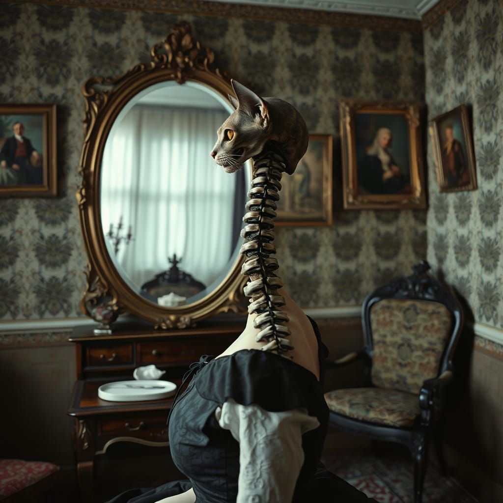 Surreal Woman Portrait with Mirror and Skull Reflection