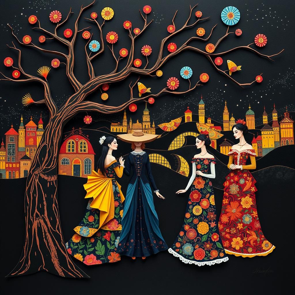 Cosmic Folk Art People in City Night