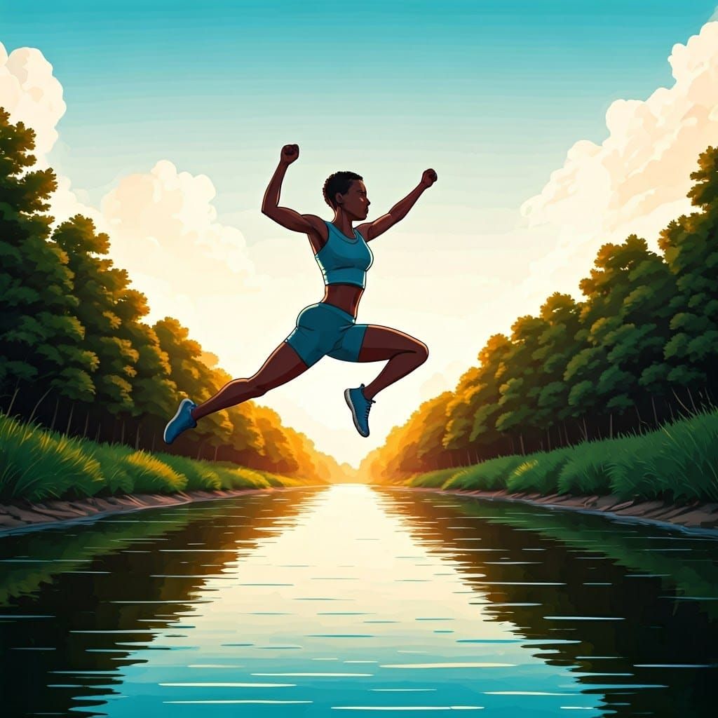 Athletic Woman Jumps Over River in Comic Book Style