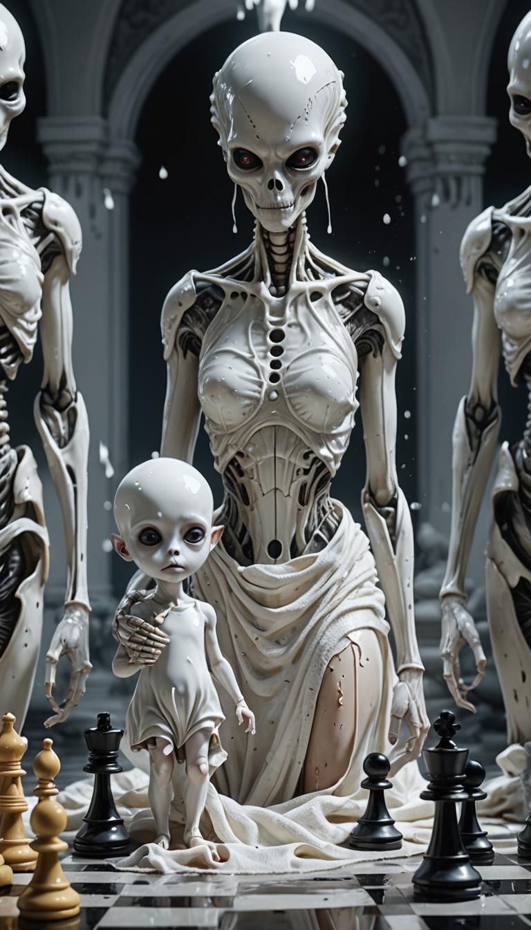 Milk Alien and Girl in Surreal Chess Game