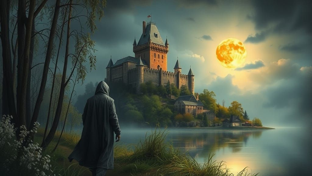 Dreamlike Castle Approach in Moody Film Style