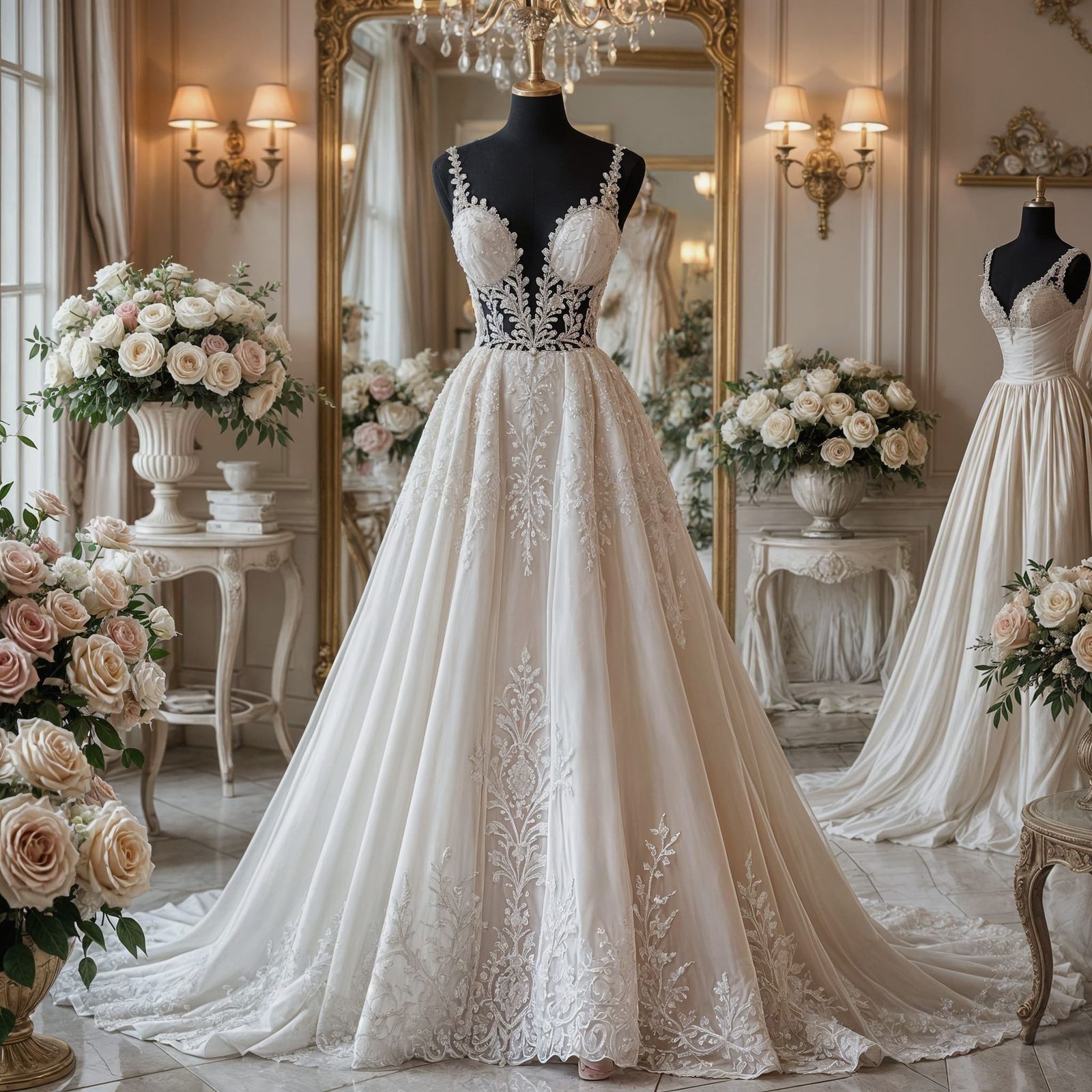 Luxurious Pearl Wedding Gown on Mannequin