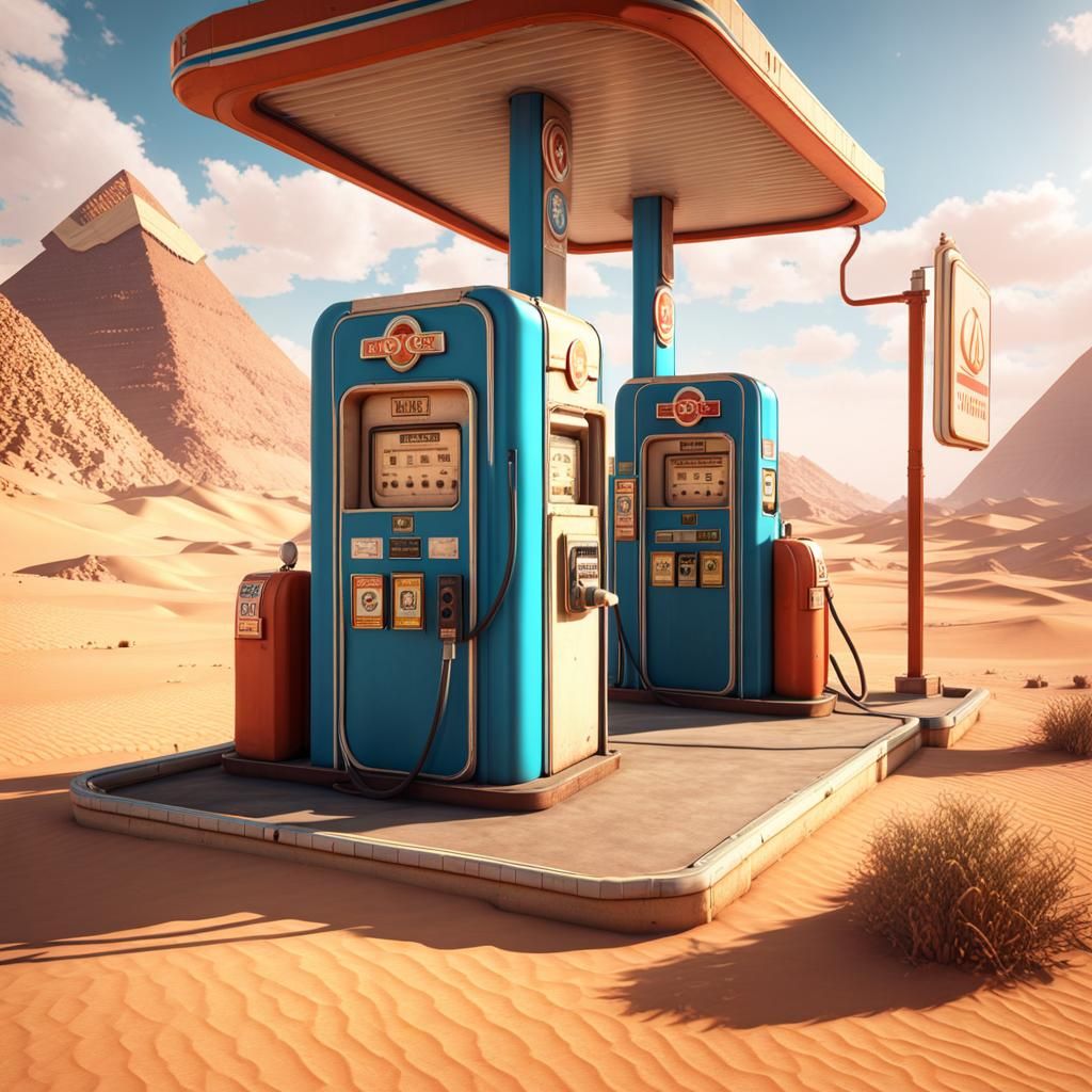 Retro Gas Station in Egypt Desert: 3D Render