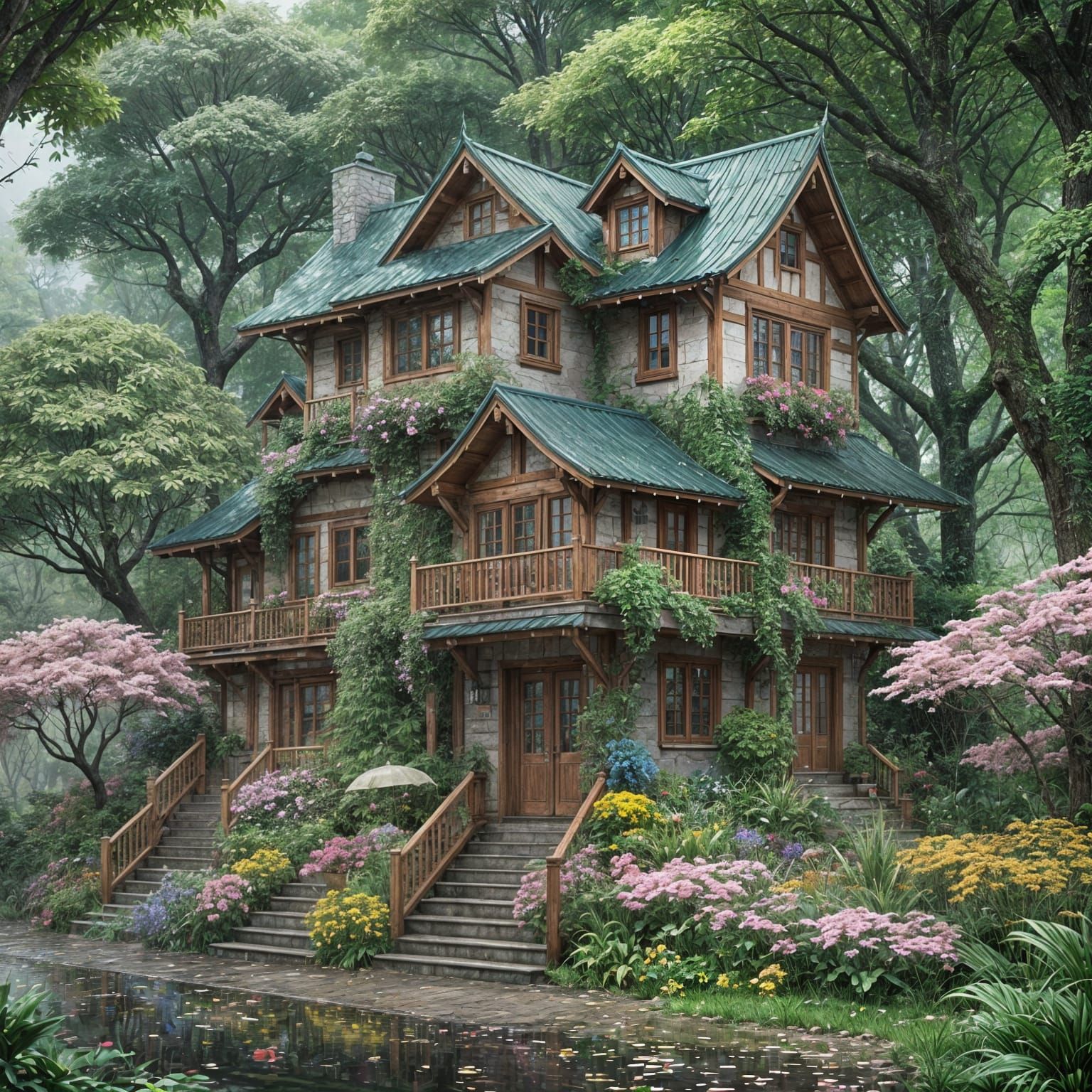 Lush Forest House in Rainy Anime Style