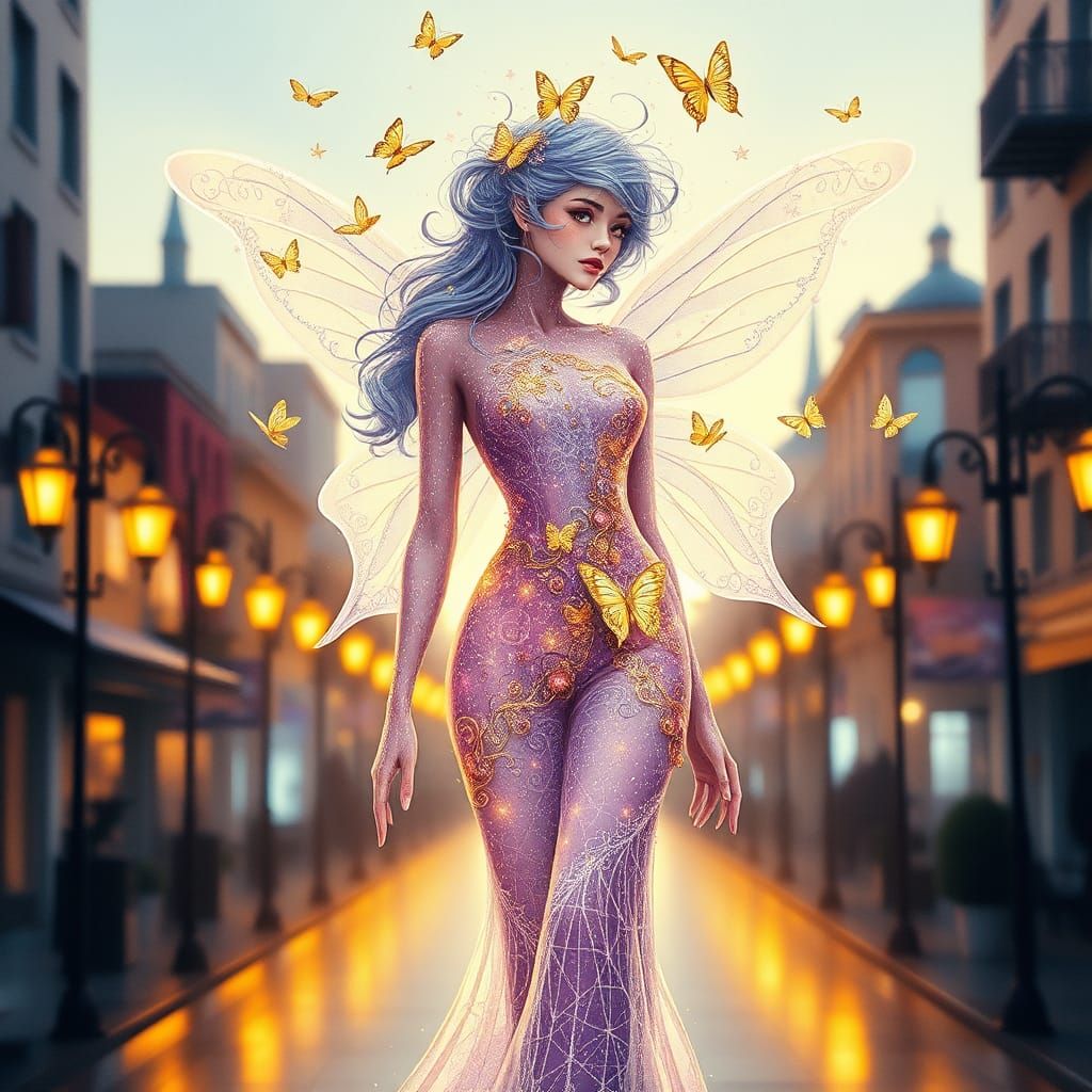 Fairy Woman on Catwalk in Lilac Haute Couture