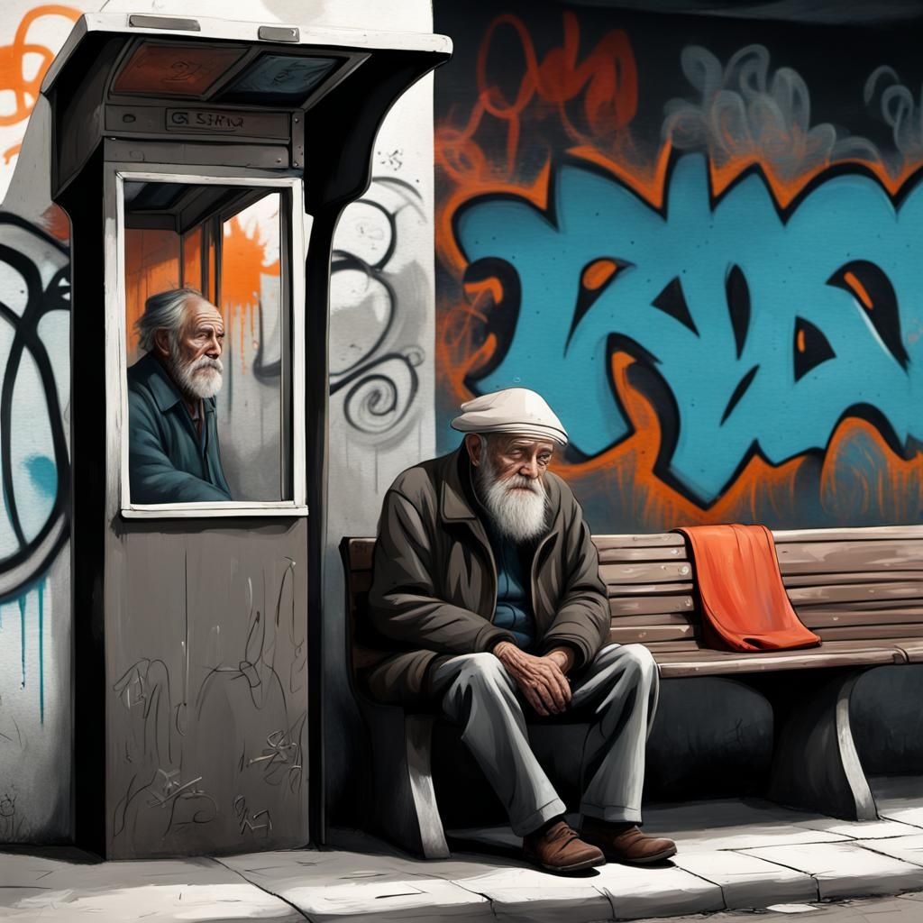 Old Man at Bus Stop in Graffiti Style
