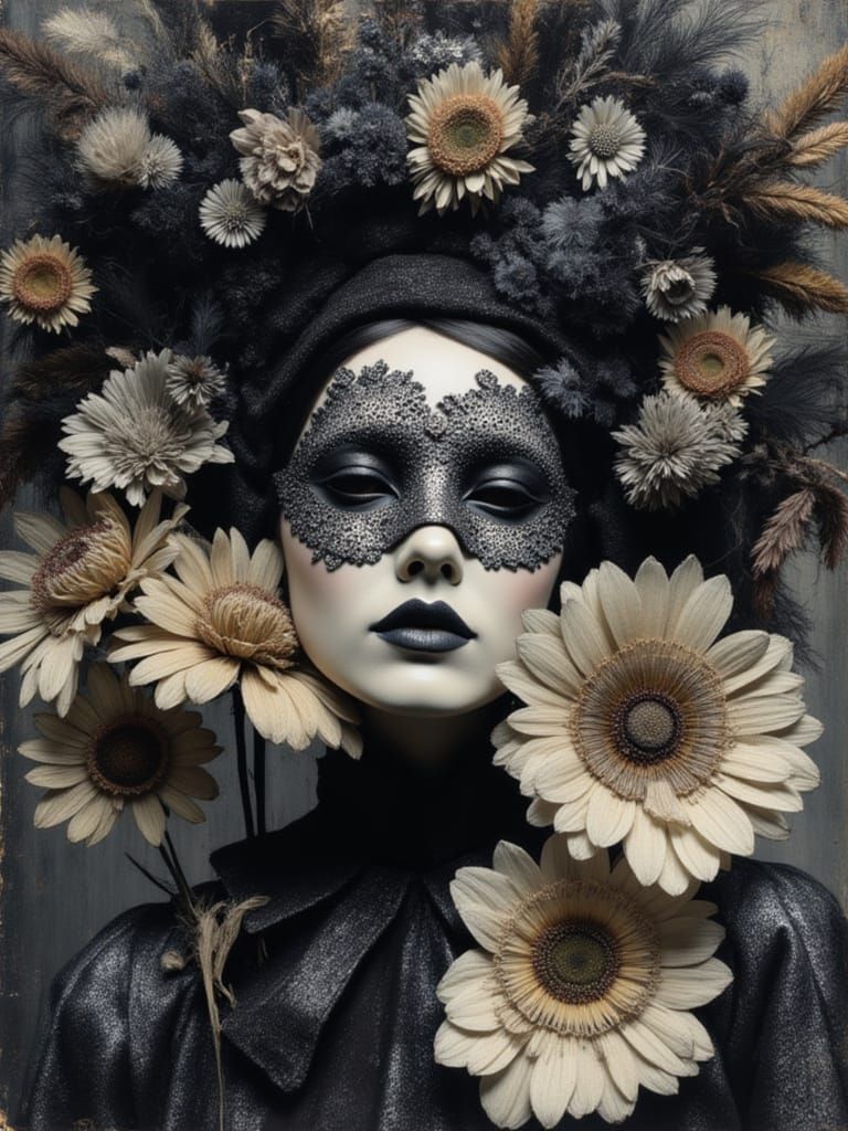 Bohemian Carnival Mask with Iridescent Flowers and Feathers