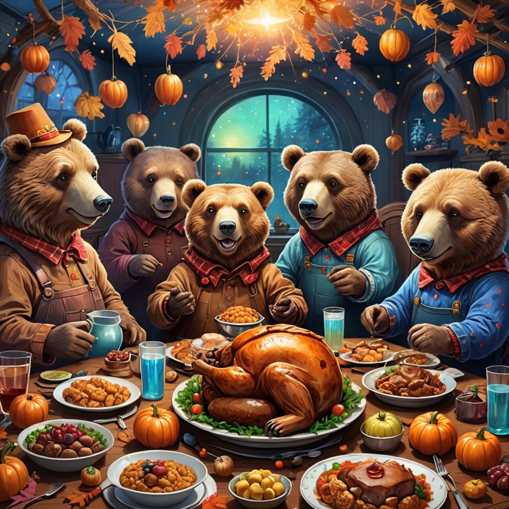 Bears' Thanksgiving Dinner: A Comical Cartoon Illustration