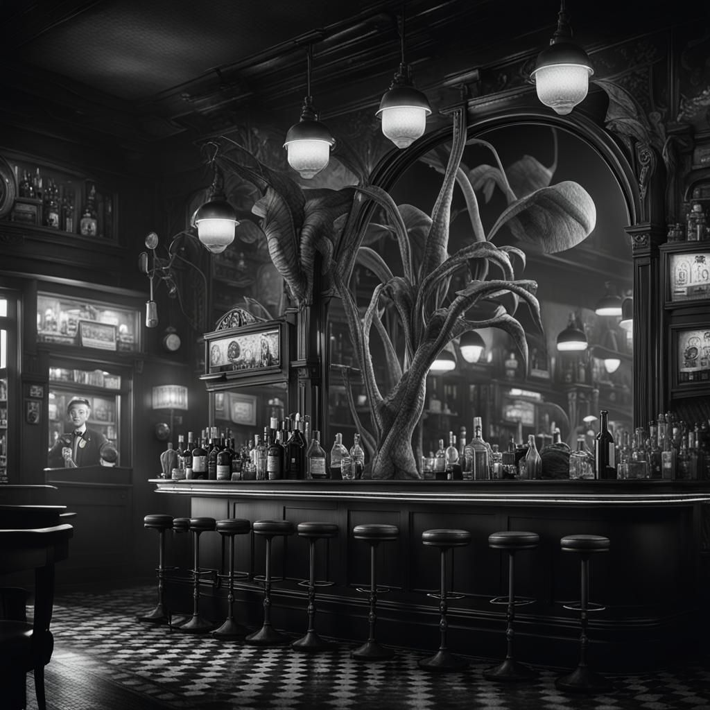 Carnivorous Plant Bartender in Noir 1920s Bar