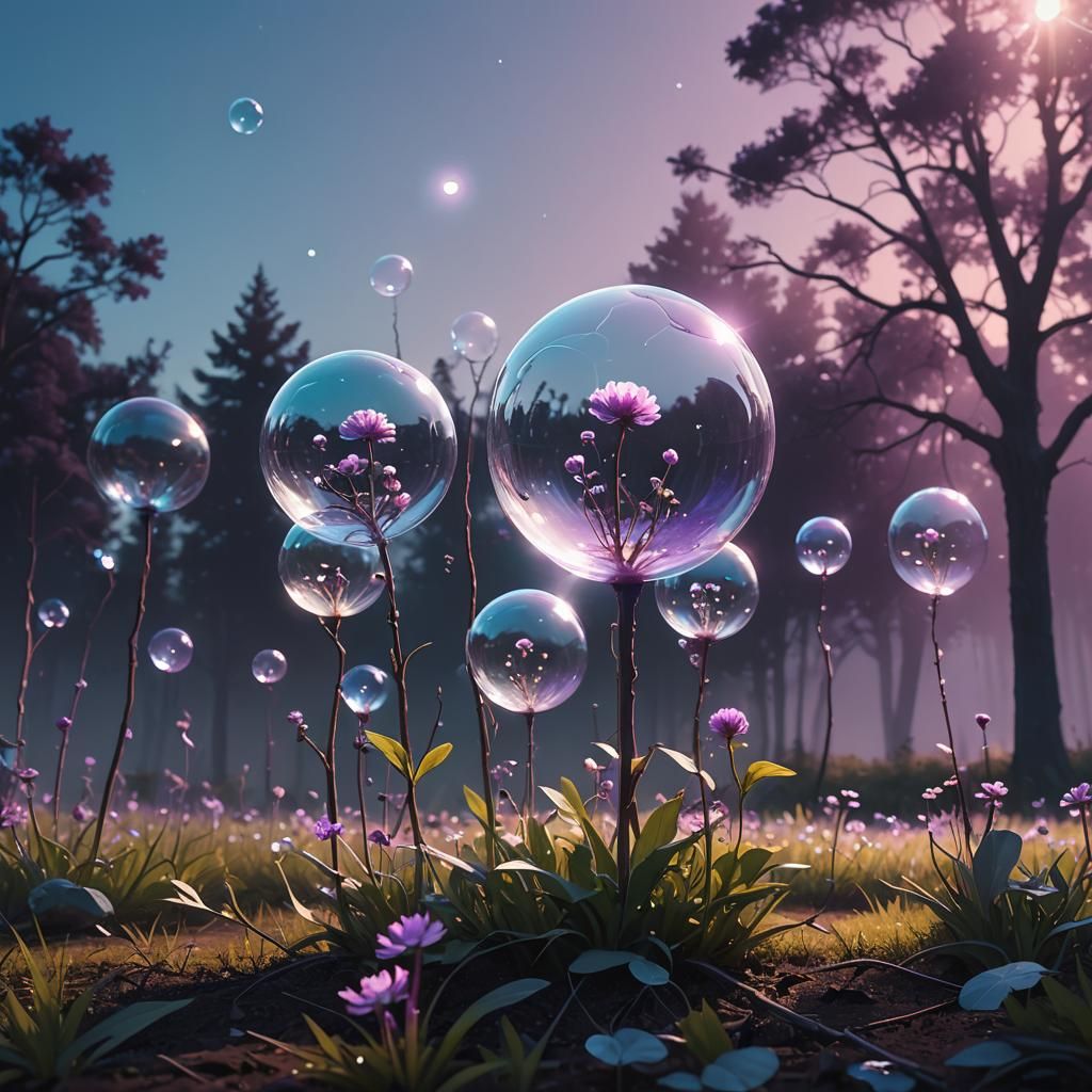 Ethereal Bubble Flowers Reflecting a Galaxy in Digital Art