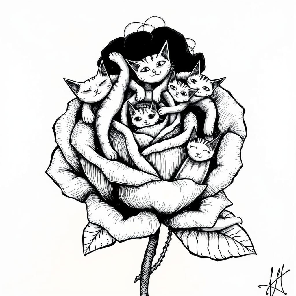 Grotesque Whimsical Rose Flower Made of Cats