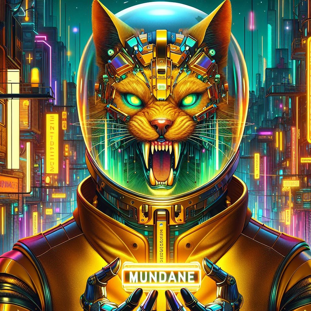 Cyberpunk Cat Holds 'Mundane' in Neon Cityscape