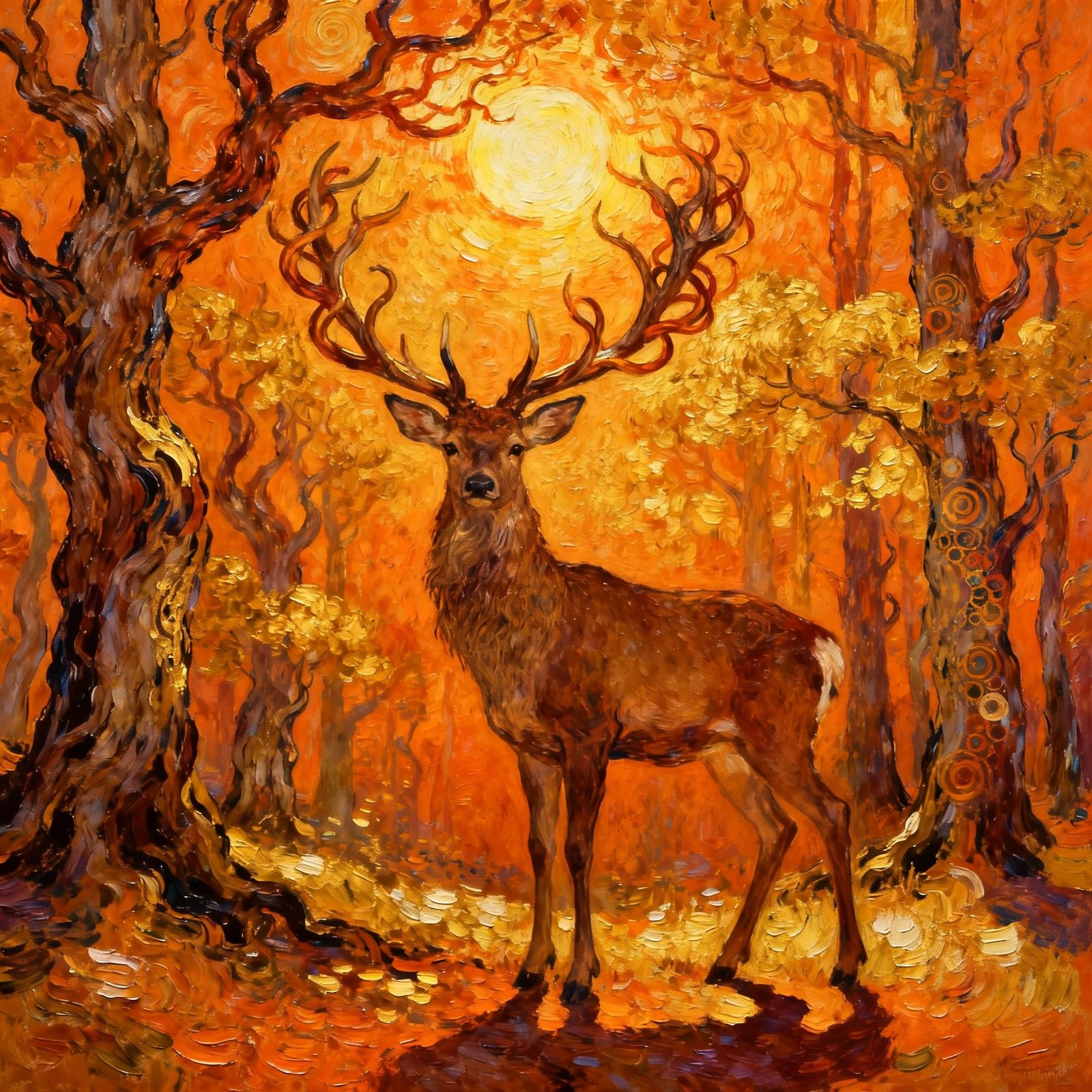 Majestic Stag in Glowing Forest, Impressionist Style