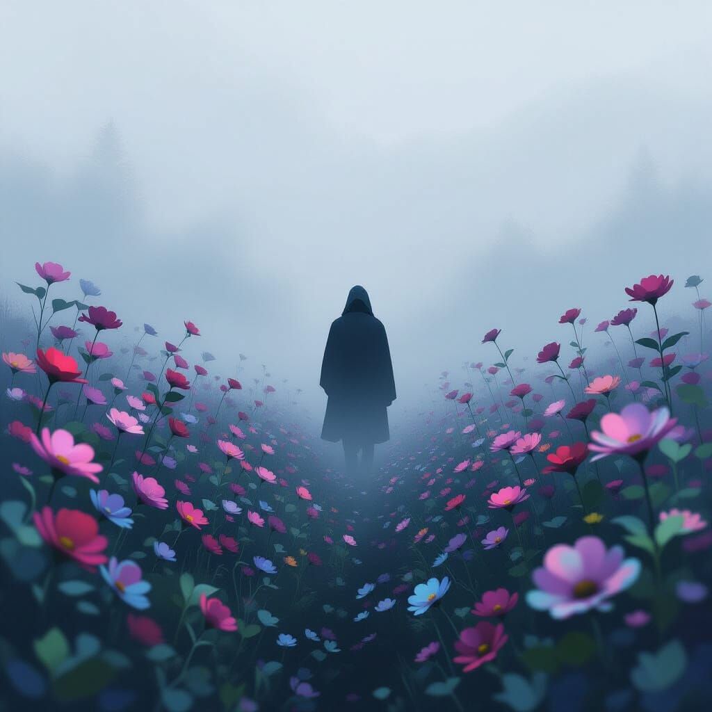 Iridescent Blooms Surround Misty Figure: Digital Art