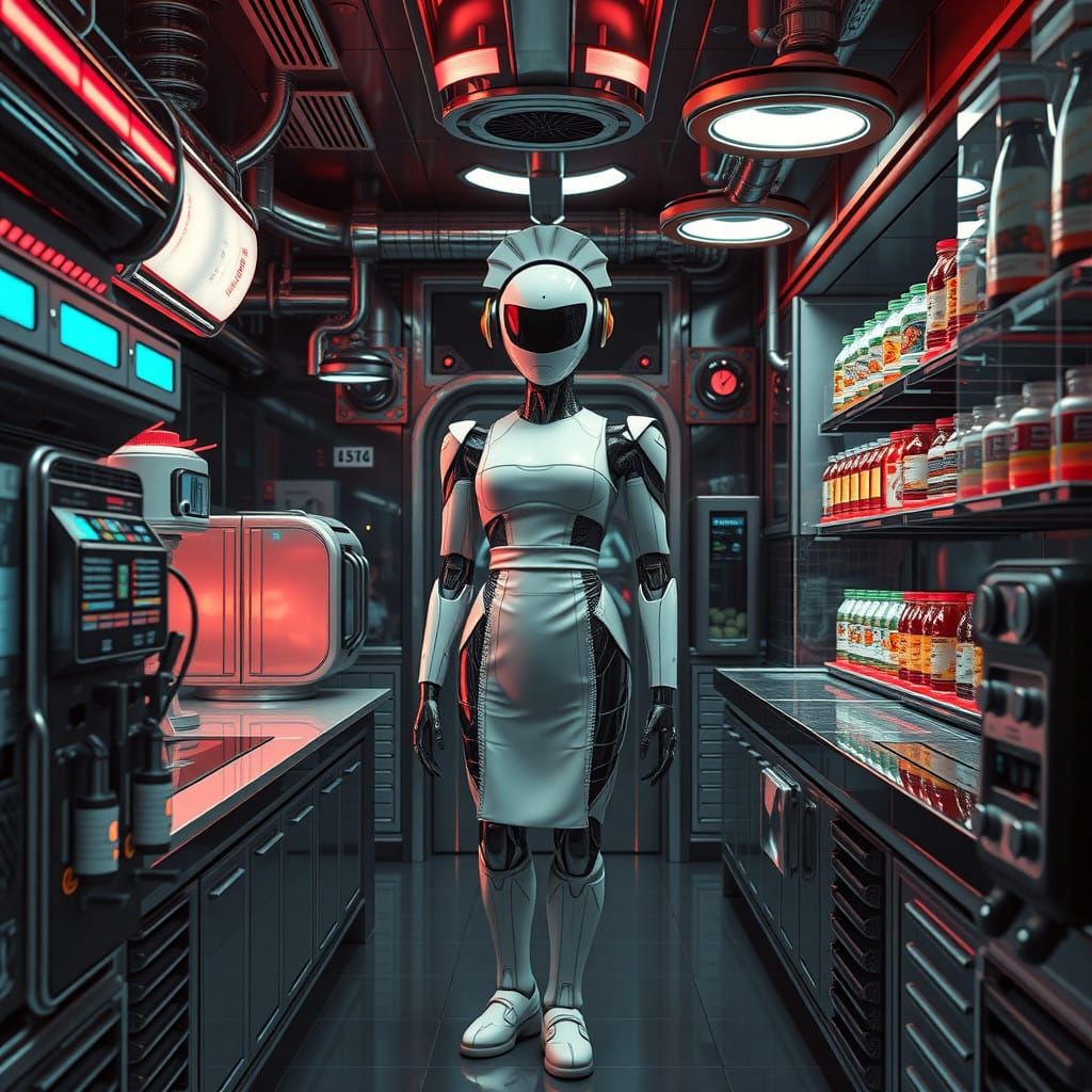 Retro Futuristic Sci-Fi Kitchen with Maid Robot and Food Dis...