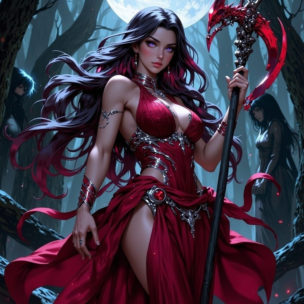 Anime Goddess of the Underworld in Scarlet Gown