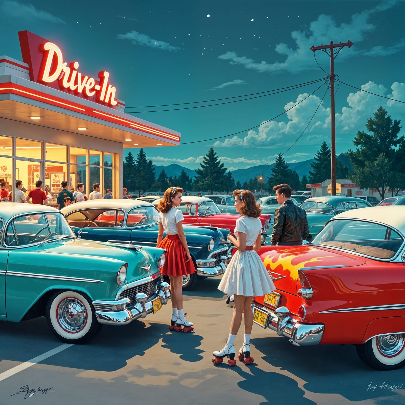 1950s Drive-In Restaurant with Hot Rods, Lowbrow Art