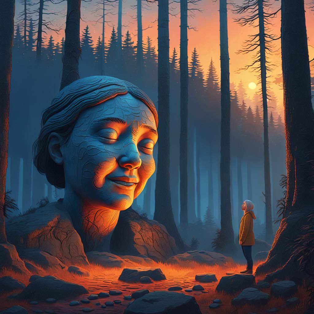 Stone Engraved Lady in Mystical Forest