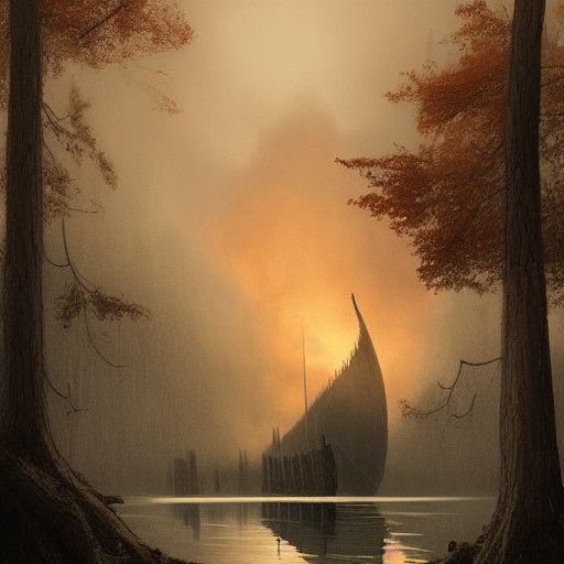 Viking Longboat on Misty River with Castle