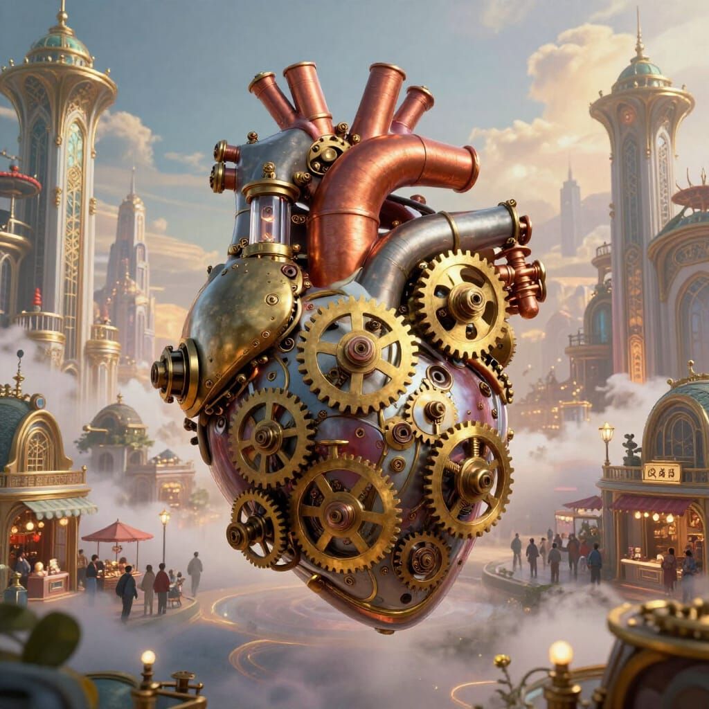 Steampunk Heart Engine Powers Celestial Art Nouveau City
