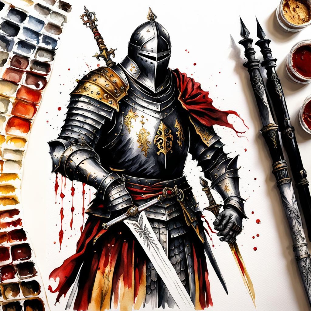 Gothic Knight with Enchanted Sword in Watercolor