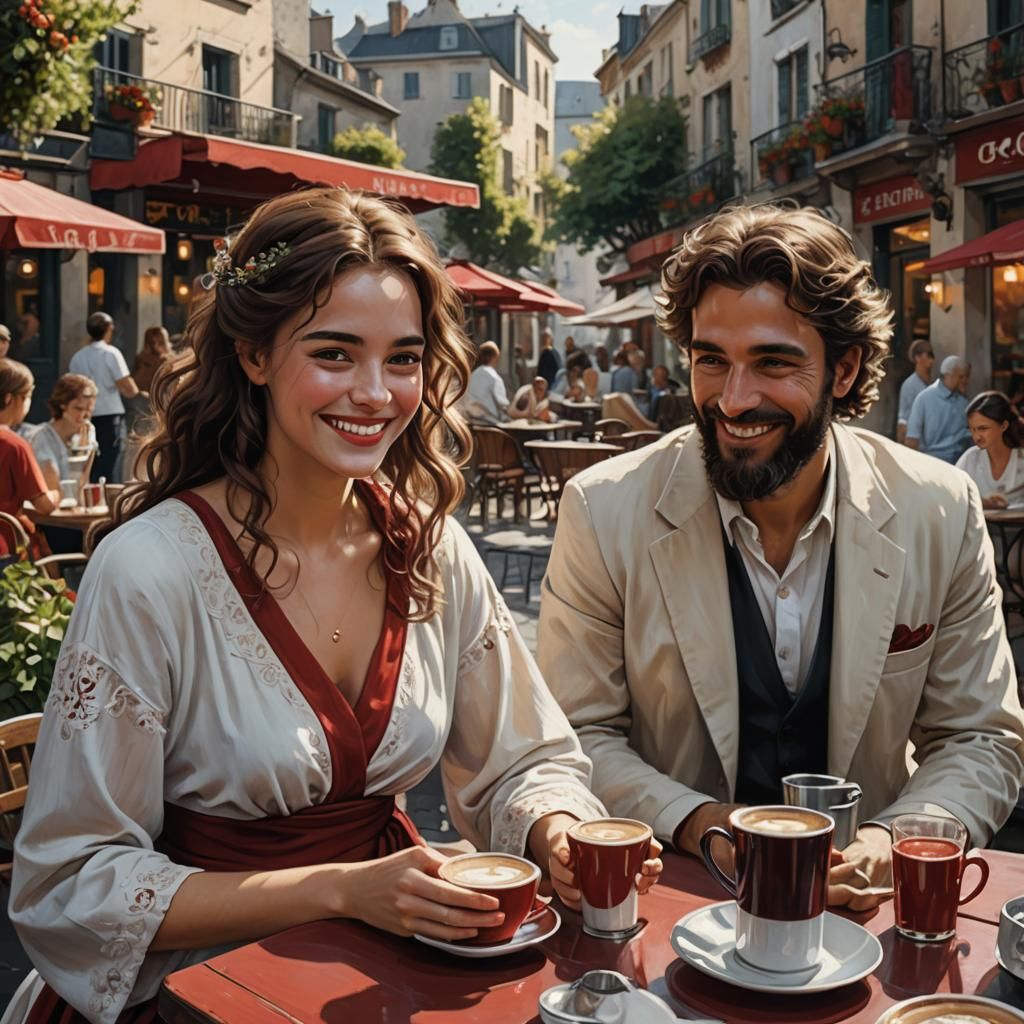 Cafe Scene with Woman and Man in Detailed Matte Painting