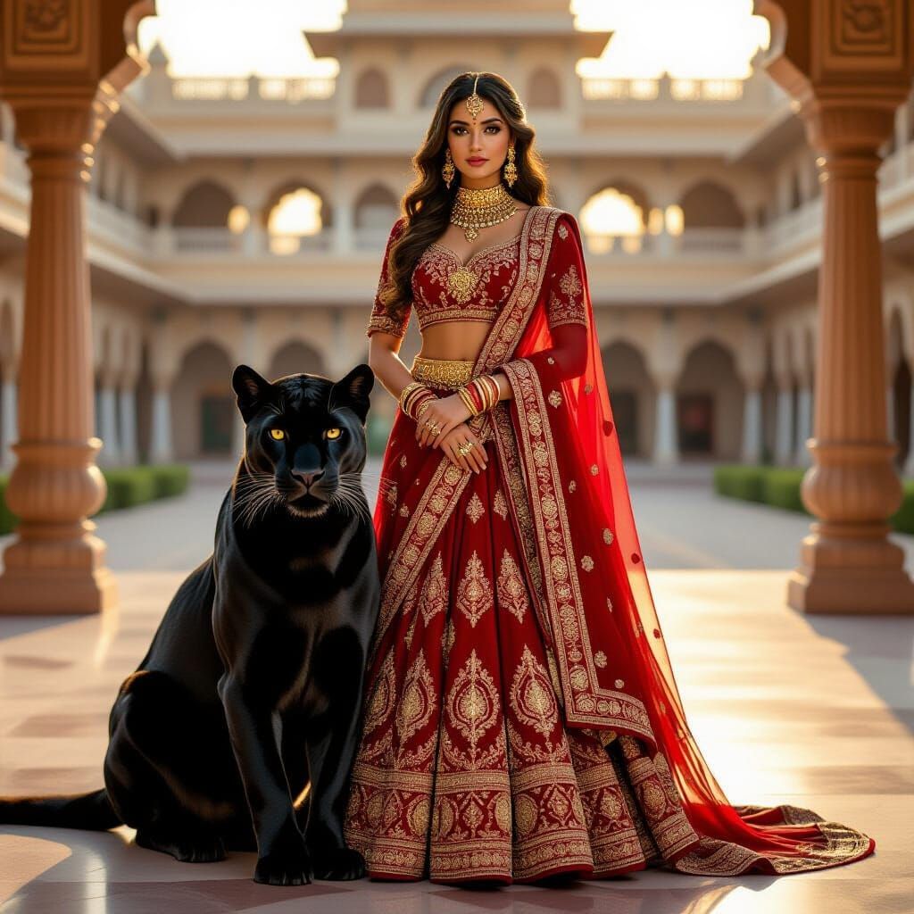 Indian Princess with Panther in Opulent Palace