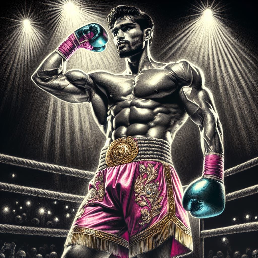 Toned Boxer Flexing in Pink and Gold Attire