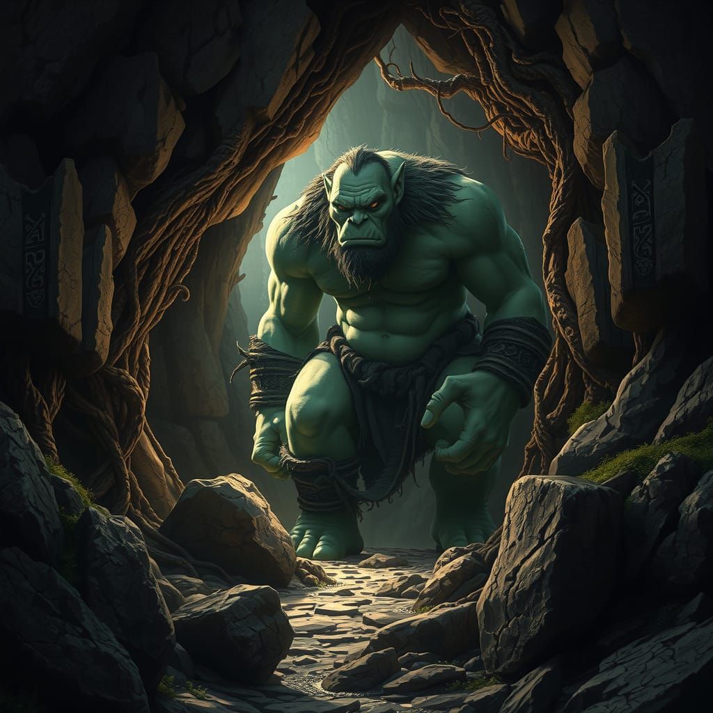 Ogre Guardian at Cave Entrance: Fantasy Illustration