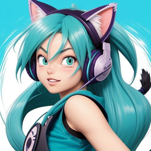 Vibrant Girl Wears Whimsical Cat Ear Headphones in Anime Sty...