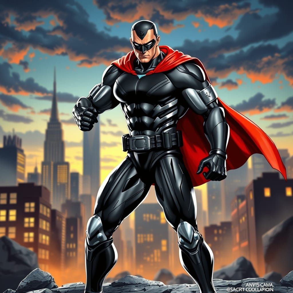 Muscular Superhero in Gritty Urban Cityscape