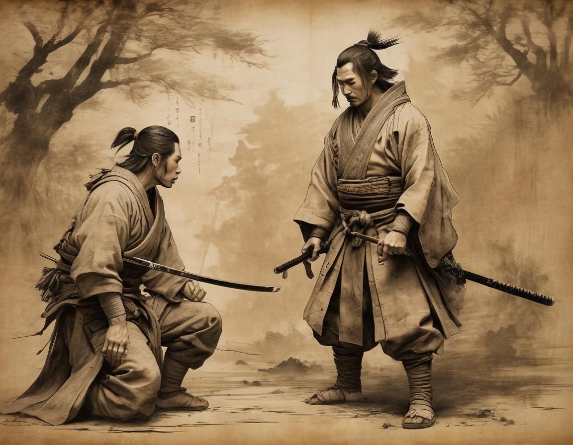 Samurai Battle Preparation: Monochromatic Parchment Illustra...