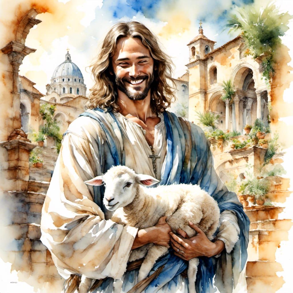Jesus Holding Lamb in Digital Watercolor Style