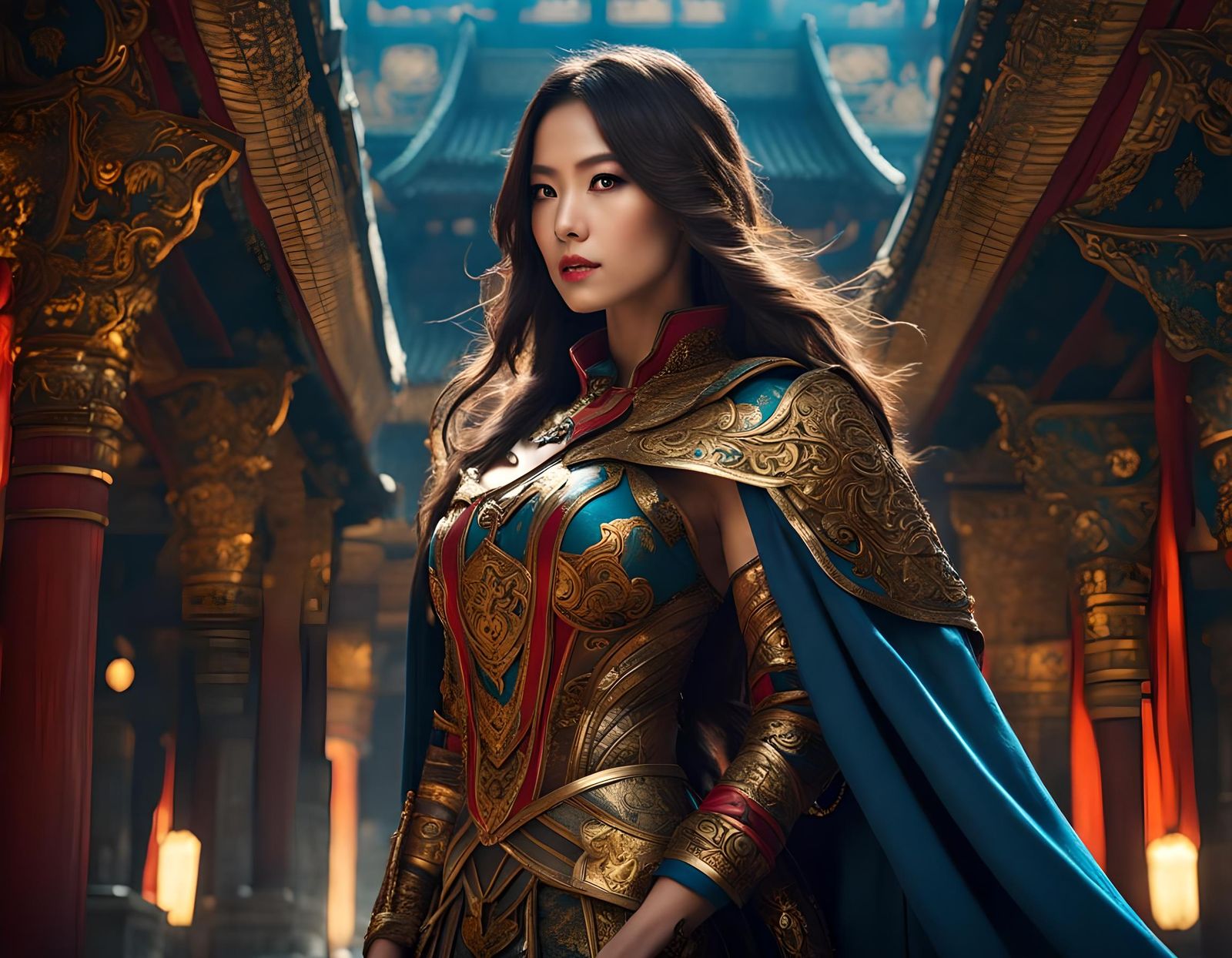 Woman Warrior in Ancient City, Hyperdetailed Rendering