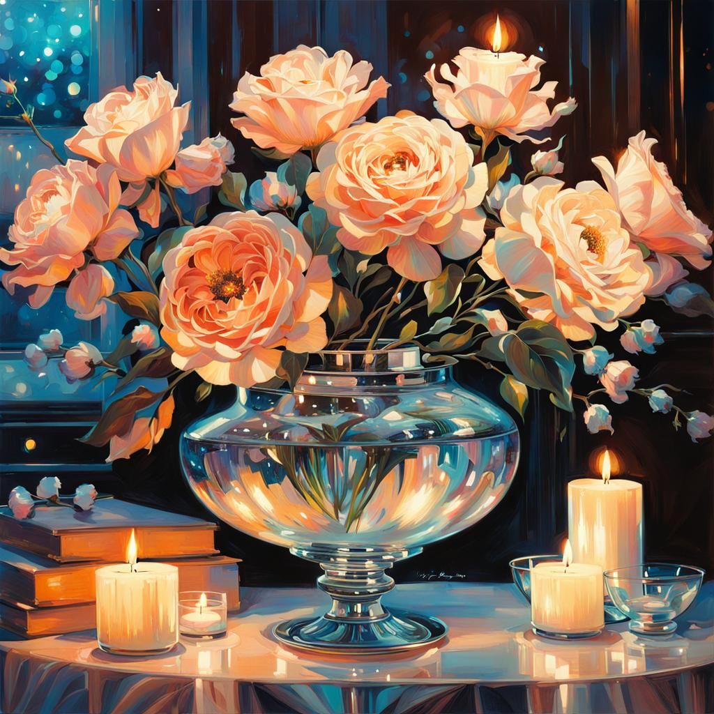 Iridescent Celestial Flowers under Dreamy Candlelight