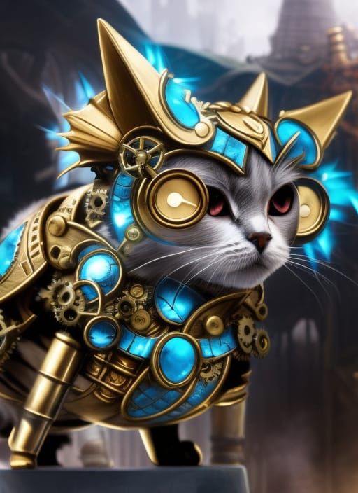Steampunk Armored Cat Warrior in Gold