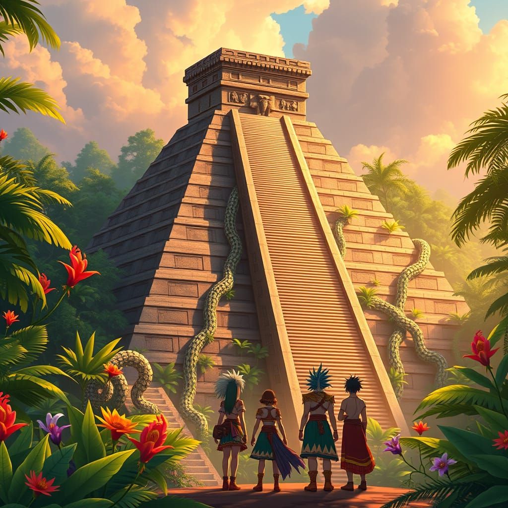 Majestic Aztec Pyramid in Vibrant Anime Style Jungle