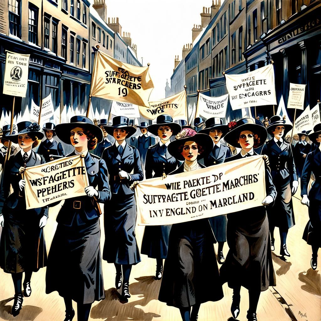 Suffragette Marchers Holding Banners, England 1913.