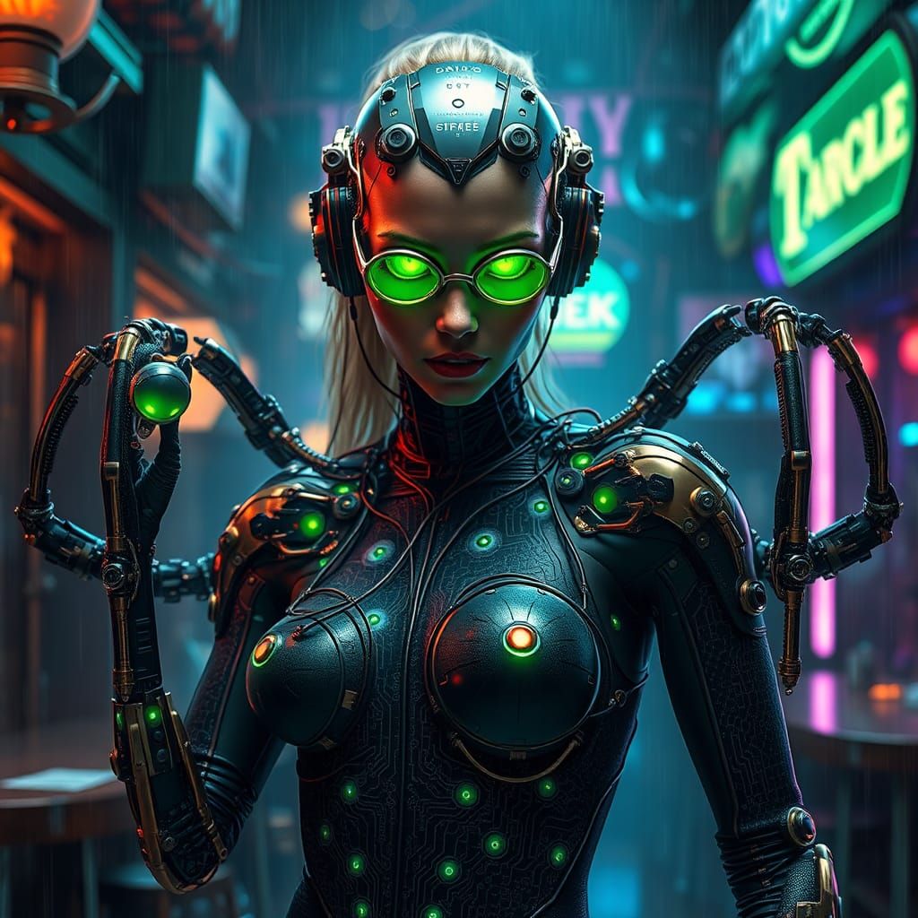 Cybernetic Spider Woman in Cyberpunk Tavern