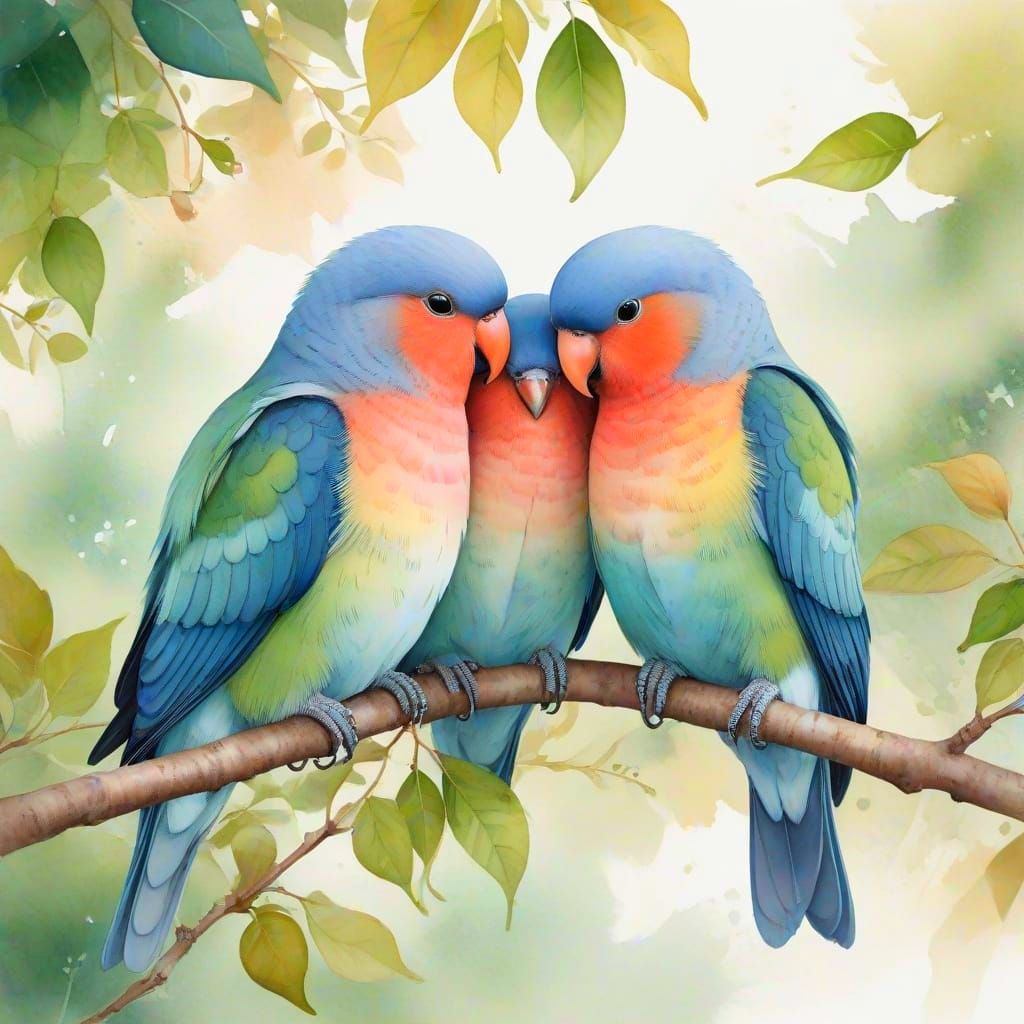 Tender Lovebirds in Watercolour Serenity