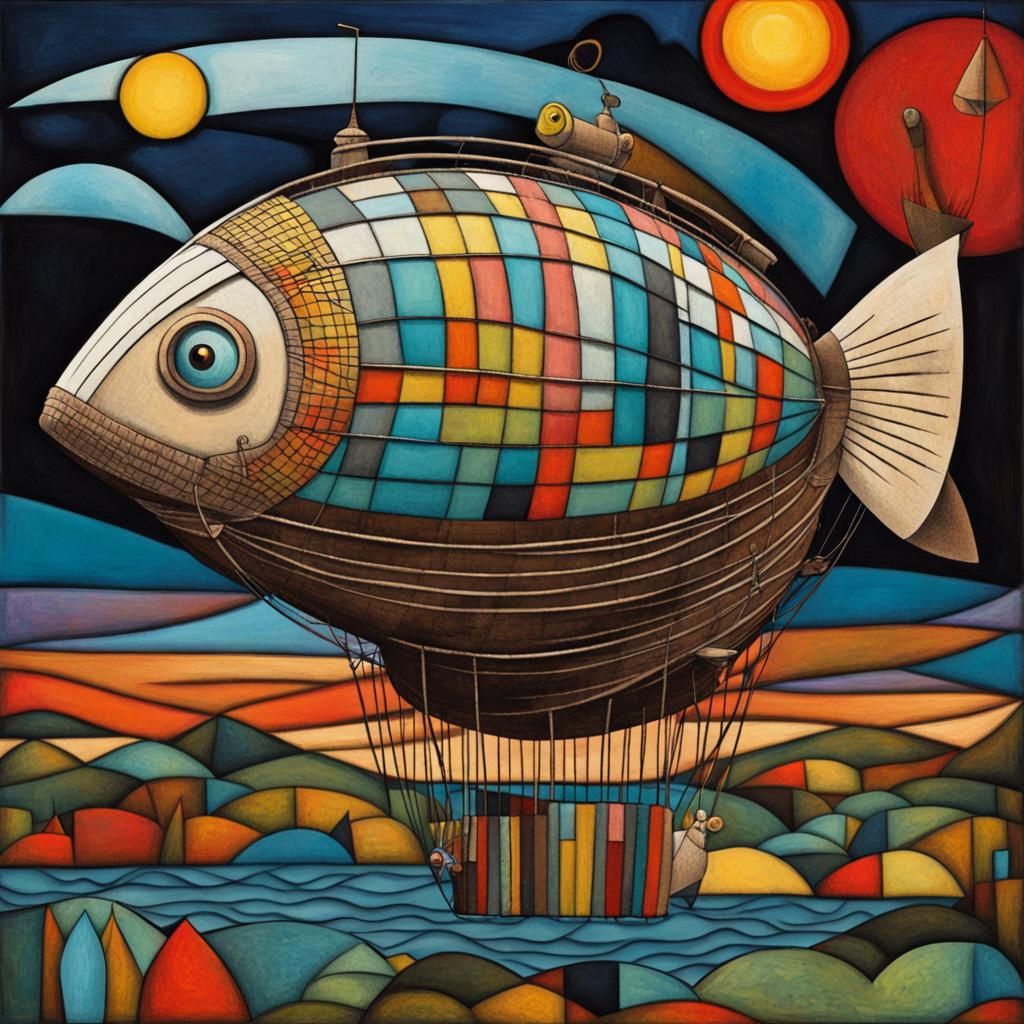 Cubist Cartoon Fish Dirigible in Moonlit Sky