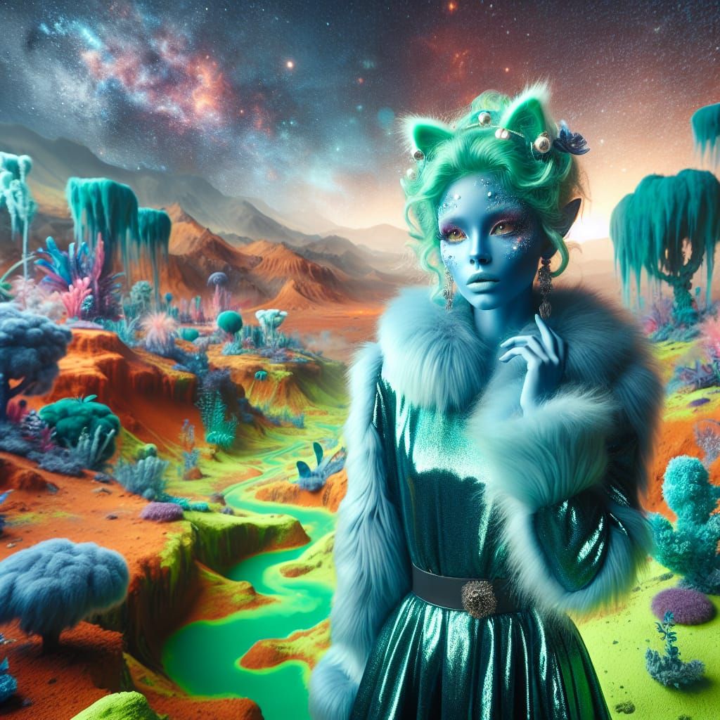 A Whimsical Martian Goddess in Holographic Cosmic Splendor